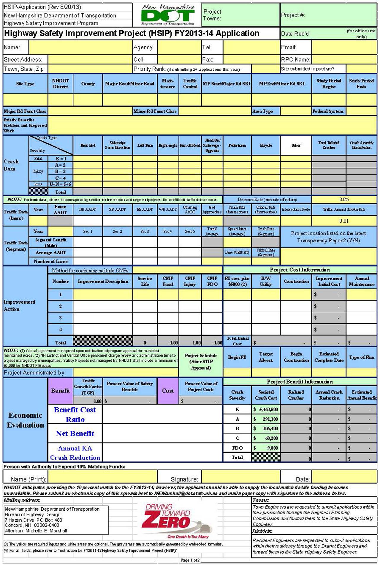 screenshot of the Sample HSIP Project Application Spreadsheet