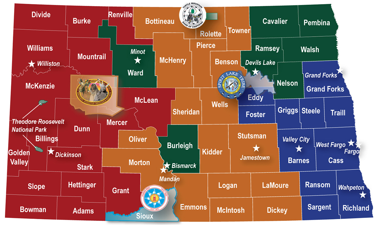 map of North Dakota marked to show counties, cities, reservations, and national parks. Source: NDDOT, 2015