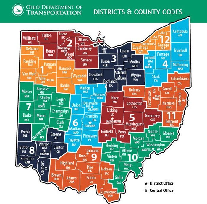 county map of Ohio color-coded by ODOT’s twelve districts and marked with two types of stars that show the locations of District Offices and Central Offices