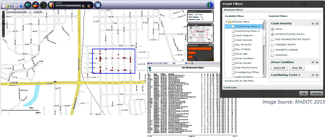 screenshots of the Examples of the Crash Mapping Analysis Tool Filters; Image source: MnDOT, 2015