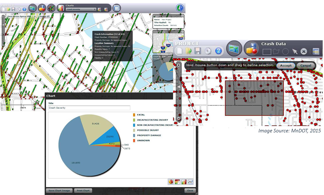 screenshots of the Stacking Function of the Crash Mapping Analysis Tool. Image source: MnDOT, 2015
