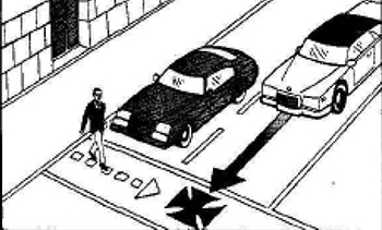 graphic of a pedestrian and a vehicle on a collision trajectory due to sight distance limitations caused by an adjacent vehicle also yielding to the pedestrian. Source: FHWA, 2005
