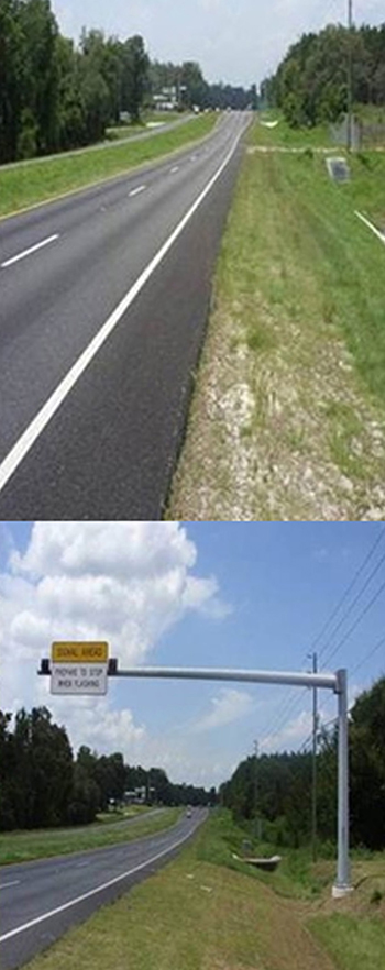 two photos: (1) a multilane divided roadway with no overhead signage and (2) a multilane divided roadway with improved overhead signage. Source: FDOT