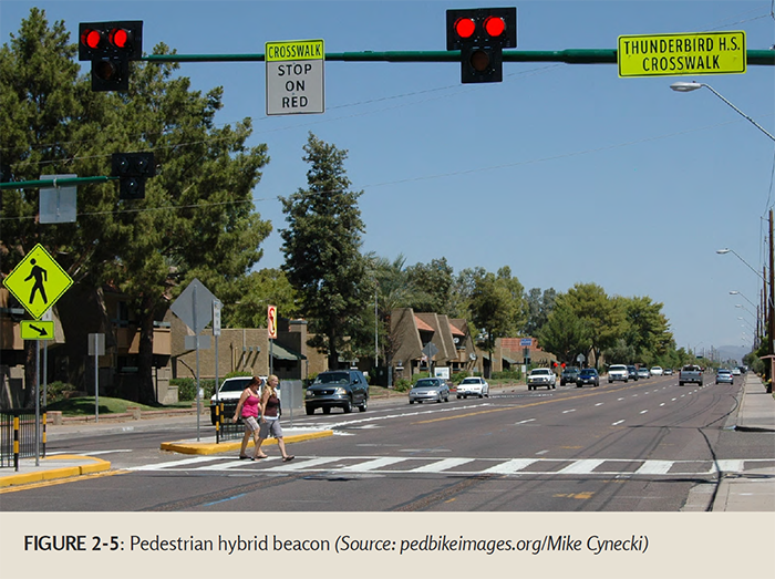 FIGURE 2-5: Pedestrian hybrid beacon (Source: pedbikeimages.org/Mike Cynecki) - Two women crossing a multi-lane road at a crosswalk
