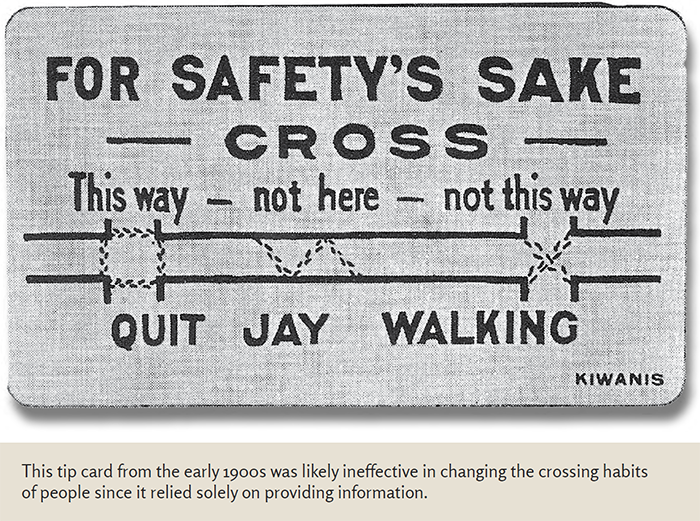 Kiwanis-provided informational card with illustrations of where on the street you should cross. The card says 'For Safety's Sake - Cross - This way - not here - not this way - Quit Jay Walking.' This tip card from the early 1900s was likely ineffective in changing the crossing habits of people since it relied solely on providing information.