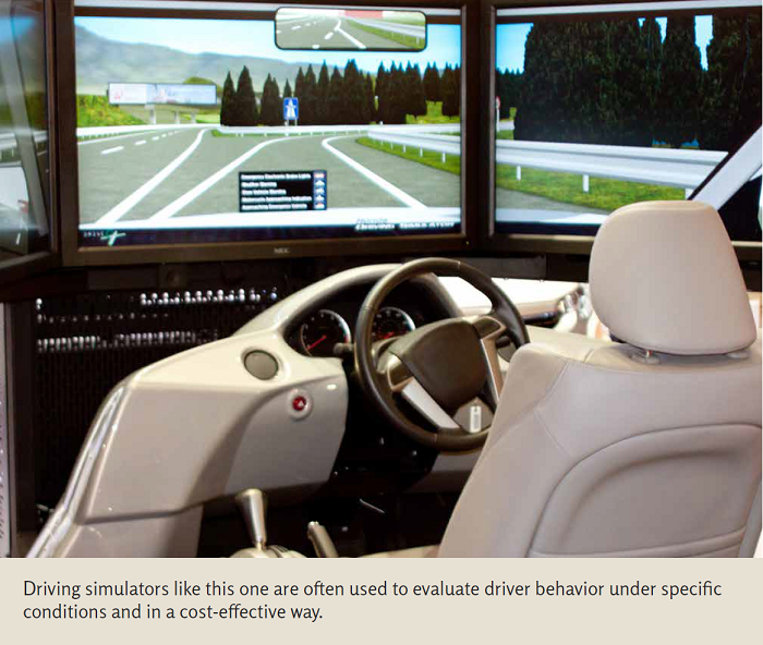 Driving simulators like this one are often used to evaluate driver behavior under specific conditions and in a cost-effective way.