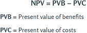 NPV = PVB - PVC; PVB = Present value of benefits; PVC = Present value of costs
