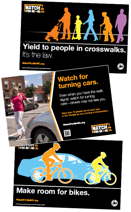 three posters: (1) Yield to people in crosswalks. it’s the law. (2) Watch for turning cars. (3) Make room for bikes.
