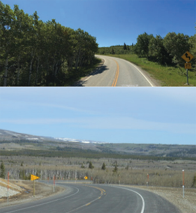 photos of a curve on US 89 within the Blackfeet Nation Reservation showing the curve before and after visibility, safety, and alignment improvements