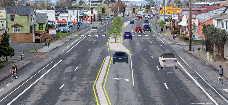 rendering of improvements to a major boulevard: bikes lanes on each side and a median strip with dedicated left turn lanes