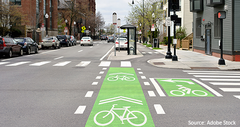 dedicated bike lanes on a city street. Source: Adobe Stock