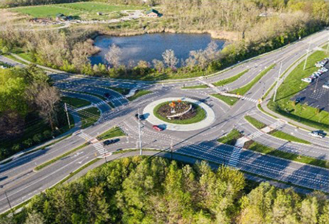 an aerial view of a roundabout in Carmel, Indiana