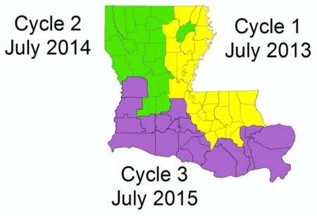 Louisiana county map colored to show the three two-year data collection cycles: Cycle 1, July 2013, yellow, northeast section; Cycle 2, July 2014, green, northwest section; and Cycle 3, July 2015, violet, southern section