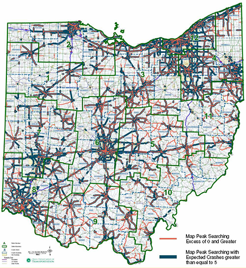 map of Ohio with highway segments colored to show expected and excess crashes