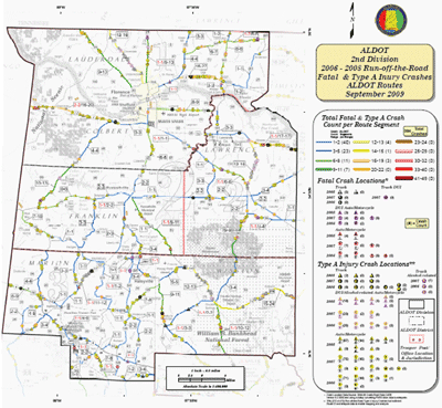 ALDOT 2004-2008 color-coded Run-off-the-Road, Fatal & Type A Injury Crashes map and legend