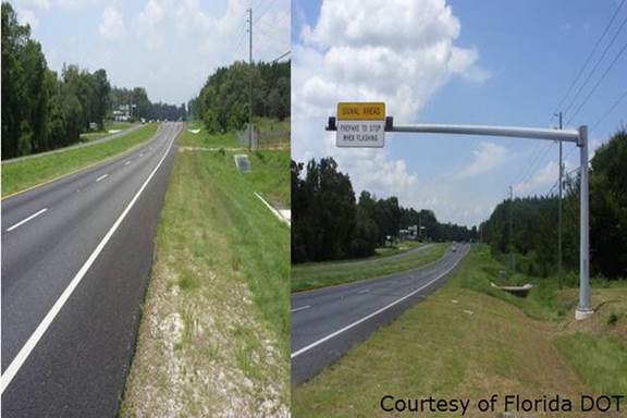 two photographs of a road before and after installation of overhead signage