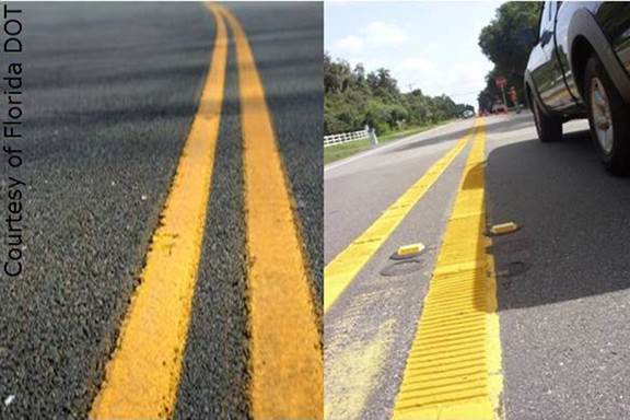 two photographs of a double yellow painted line on a roadway: photo on left shows only paint on pavement; photo on right shows rumble strip elements in the yellow-painted pavement