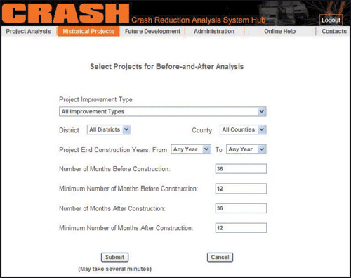Screen shot of the CRASH web application, with the Historical Projects menu tab selected, which allows the user to Search Projects for Before-and-After Analysis using eight search parameters
