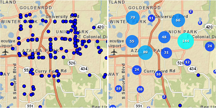 Two enlarged screenshots from the Signal Four Analytics Tool, the first showing data on a map as individual points, and the second showing the same data as clusters