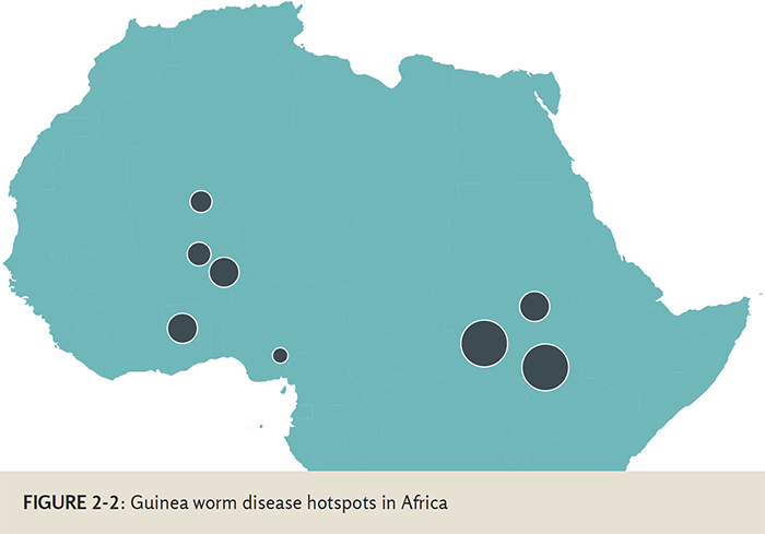 map of northern Africa showing eight Guinea worm disease hotspots