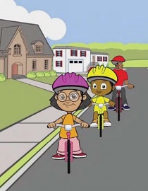 cartoon of three bicyclists on a suburban neighborhood street