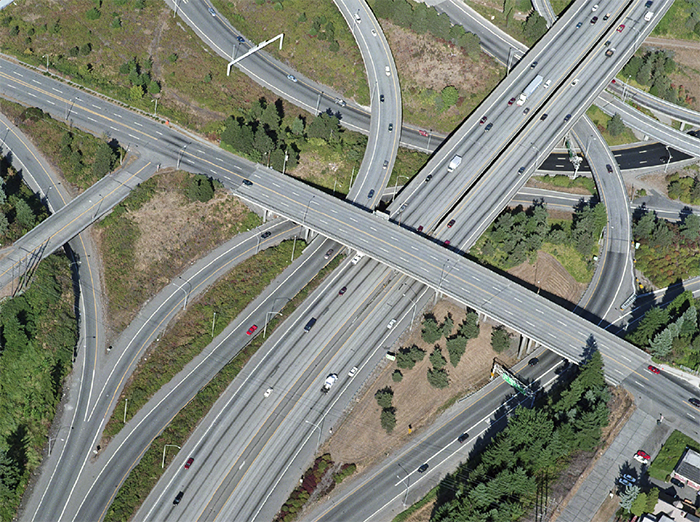 Aerial photo of numerous highways and their interchanges