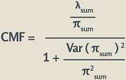 CMF equals the quantity of lambda sum divided by pi sum all over the quantity of 1 plus (variance of pi sum squared divided by pi sum squared).