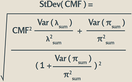 standard deviation of the CMF equals the square root of [CMF squared times (variance of lambda sum divided by lambda sum squared) times (variance of pi sum divided by pi sum squared)] divided by [1 plus (variance of pi sum divided by pi sum squared)] squared.