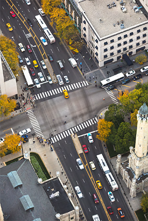aerial view of intersection on a four way street